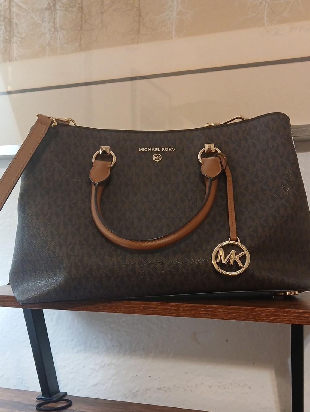 Michael Kors Dark Brown Monogram Satchel with Tan Handles